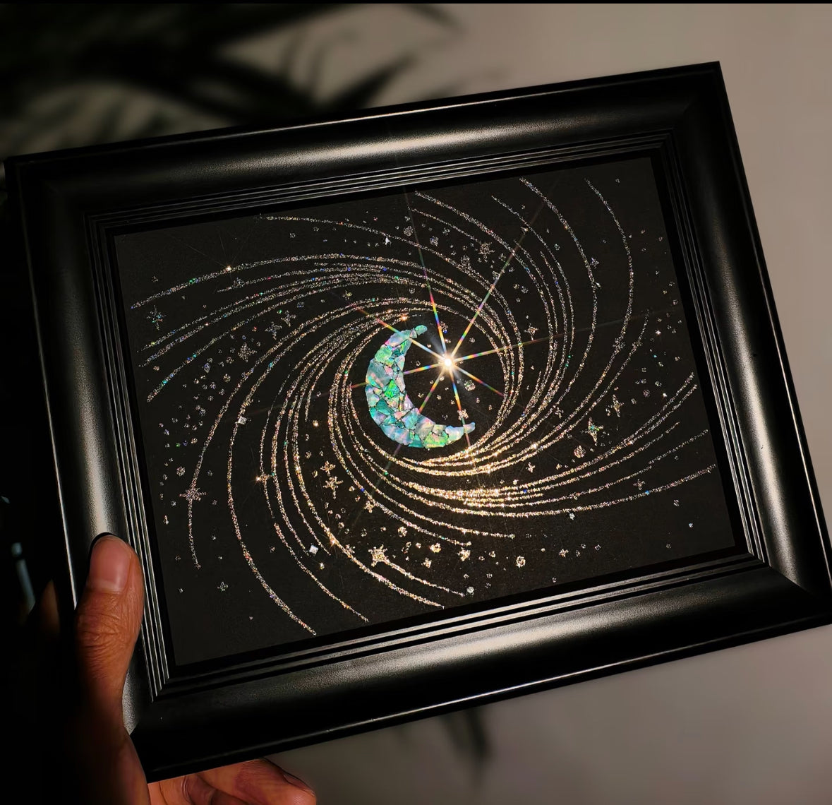 Handcrafted Iridescent Crescent Moon Shell Mosaic Wall Art (Finished Frame or DIY Craft Kit) - Celestial Galaxy Gothic Home Dec