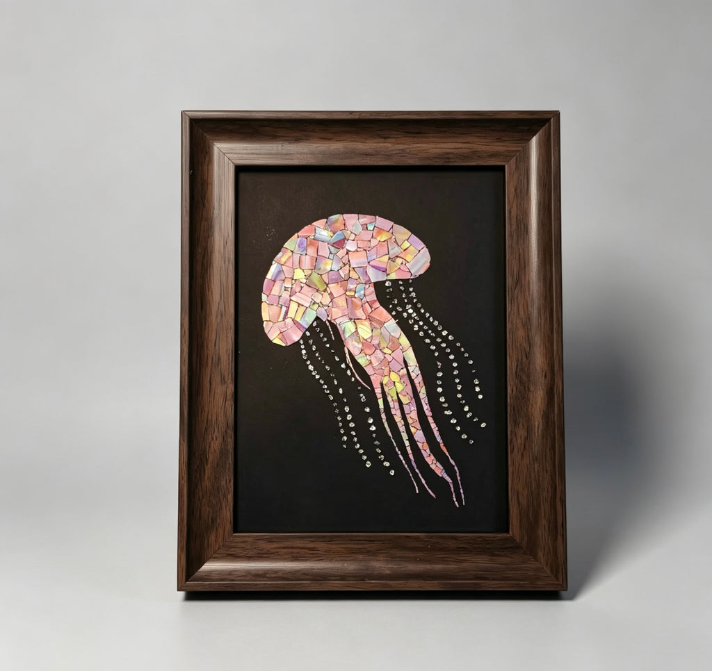 Handcrafted Iridescent Pink Jellyfish Shell Mosaic Wall Art (Finished Frame or DIY Craft Kit) - Ocean Aesthetic Home Decor