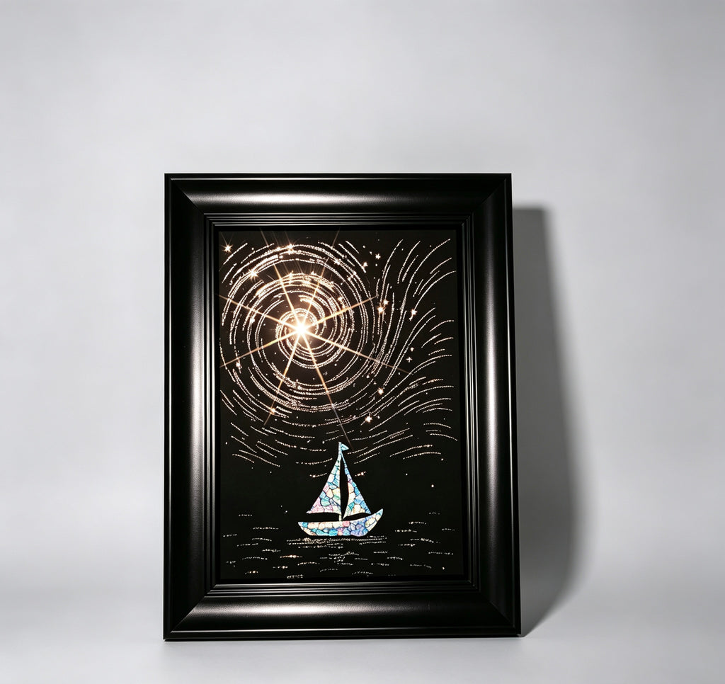 Handcrafted Iridescent Sailboat Shell Mosaic Wall Art (Finished Frame or DIY Craft Kit) - Celestial Starry Night Gothic Decor