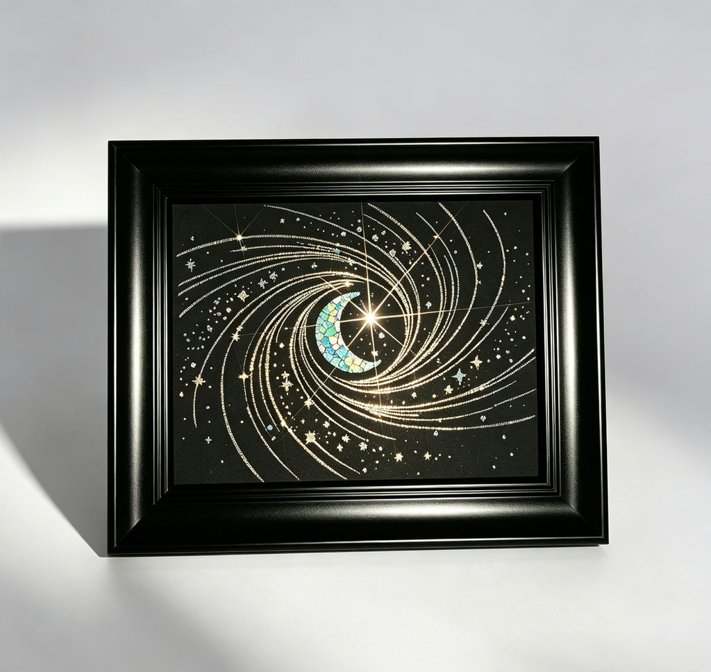 Handcrafted Iridescent Crescent Moon Shell Mosaic Wall Art (Finished Frame or DIY Craft Kit) - Celestial Galaxy Gothic Home Dec