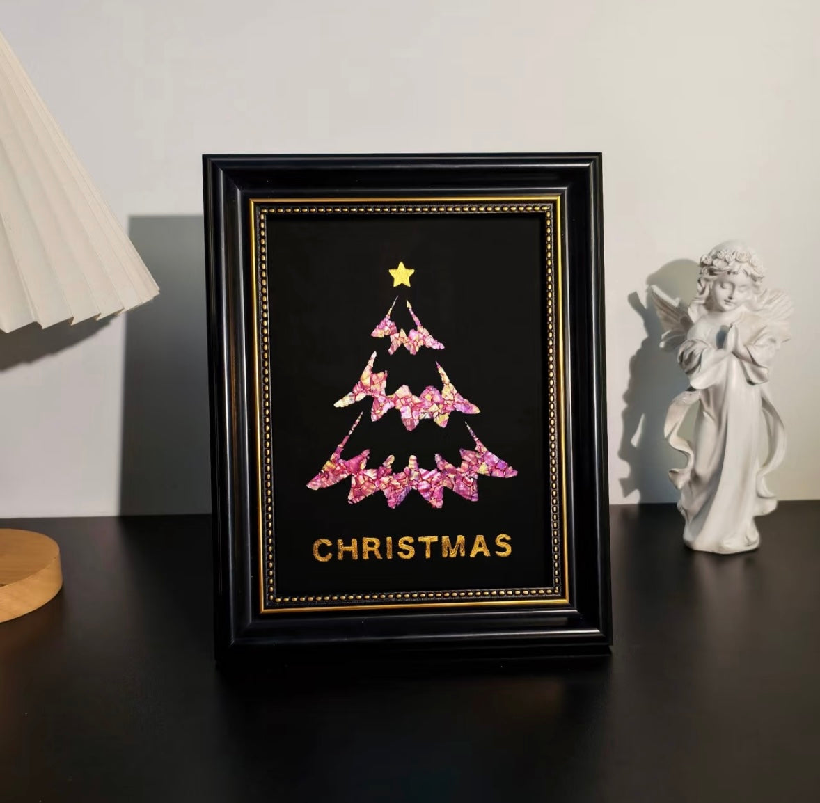 Handcrafted Iridescent Christmas Tree Shell Mosaic Wall Art (Finished Frame or DIY Craft Kit) - Gothic Holiday Home Decor