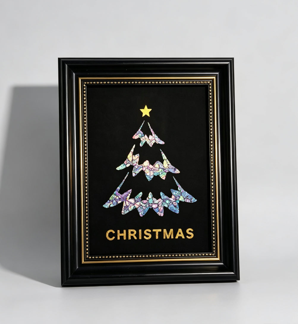 Handcrafted Iridescent Christmas Tree Shell Mosaic Wall Art (Finished Frame or DIY Craft Kit) - Gothic Holiday Home Decor