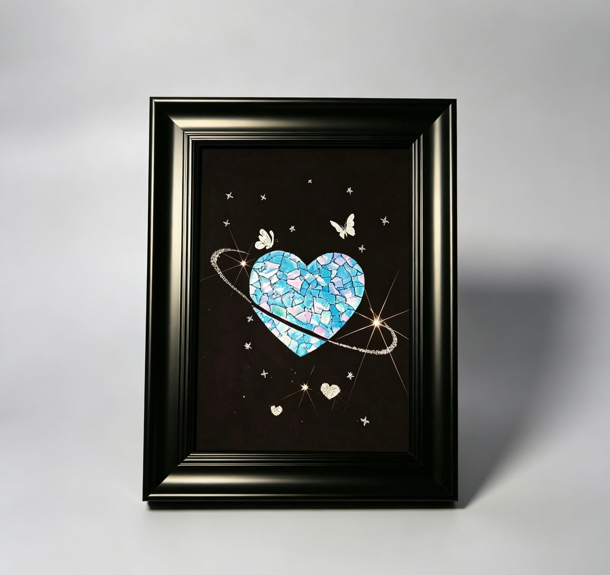 Handcrafted Iridescent Blue Heart Shell Mosaic Wall Art (Finished Frame or DIY Craft Kit) - Celestial Planet Heart Gothic Decor