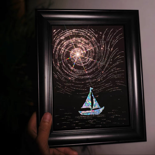 Handcrafted Iridescent Sailboat Shell Mosaic Wall Art (Finished Frame or DIY Craft Kit) - Celestial Starry Night Gothic Decor