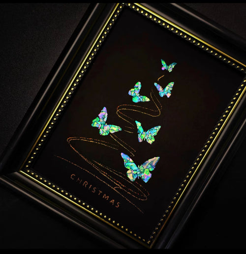 Handcrafted Iridescent Butterfly Christmas Tree Shell Mosaic Wall Art (Finished Frame or DIY Craft Kit) - Gothic Holiday Home Decor
