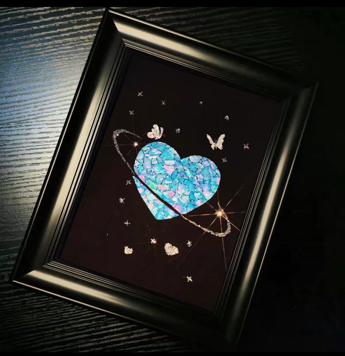 Handcrafted Iridescent Blue Heart Shell Mosaic Wall Art (Finished Frame or DIY Craft Kit) - Celestial Planet Heart Gothic Decor