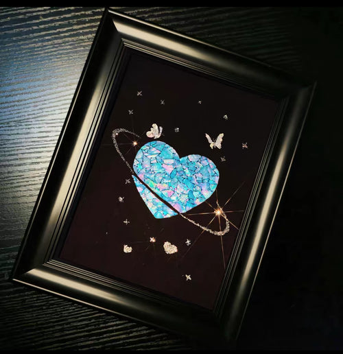 Handcrafted Iridescent Blue Heart Shell Mosaic Wall Art (Finished Frame or DIY Craft Kit) - Celestial Planet Heart Gothic Decor
