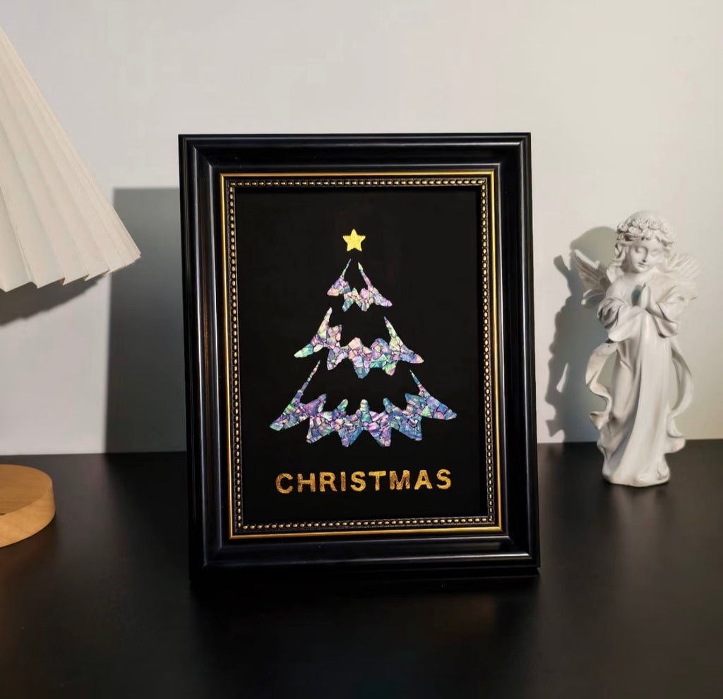 Handcrafted Iridescent Christmas Tree Shell Mosaic Wall Art (Finished Frame or DIY Craft Kit) - Gothic Holiday Home Decor