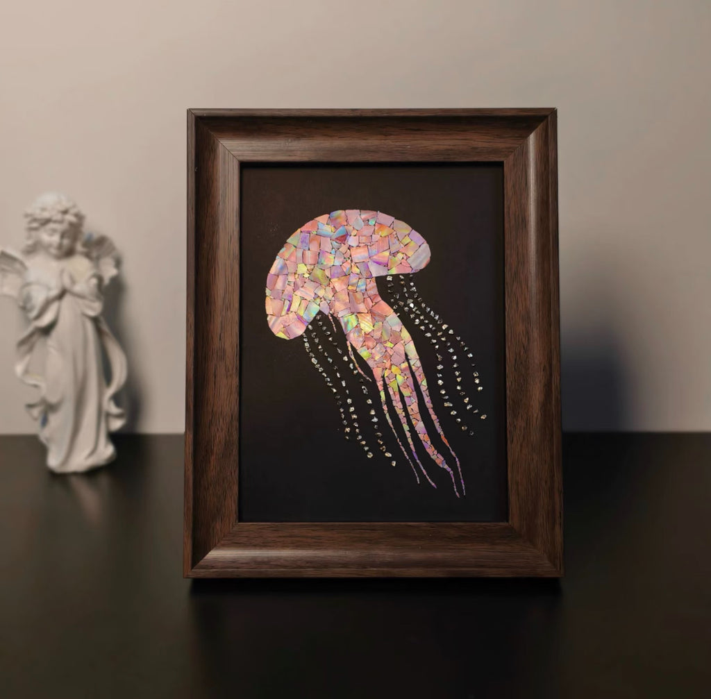 Handcrafted Iridescent Pink Jellyfish Shell Mosaic Wall Art (Finished Frame or DIY Craft Kit) - Ocean Aesthetic Home Decor